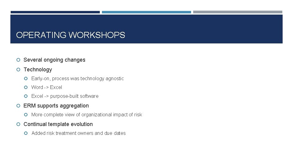 OPERATING WORKSHOPS Several ongoing changes Technology Early-on, process was technology agnostic Word -> Excel