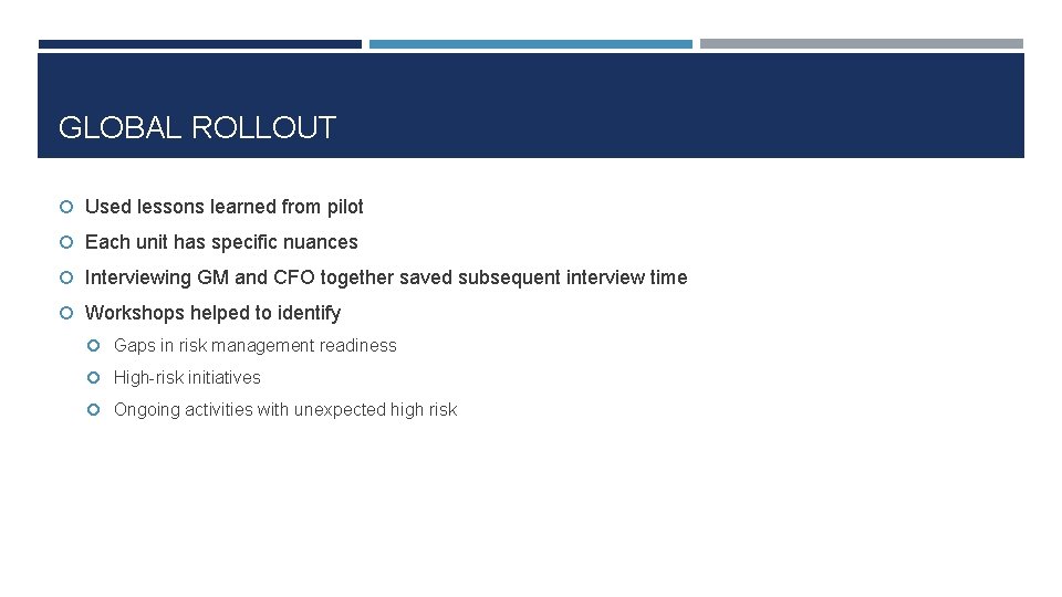 GLOBAL ROLLOUT Used lessons learned from pilot Each unit has specific nuances Interviewing GM