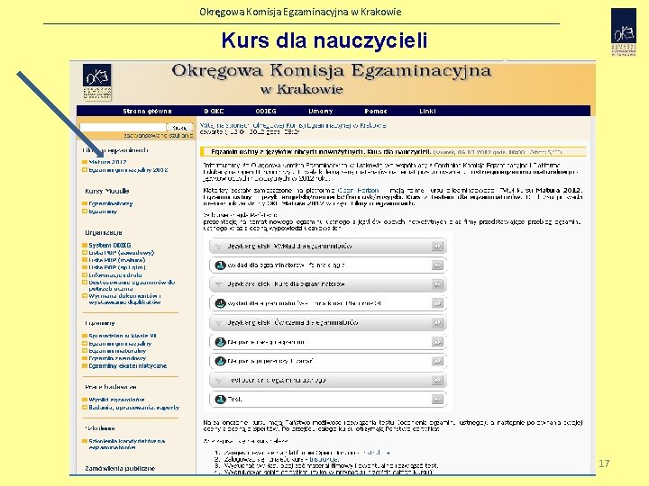 Okręgowa Komisja Egzaminacyjna w Krakowie Kurs dla nauczycieli 17 