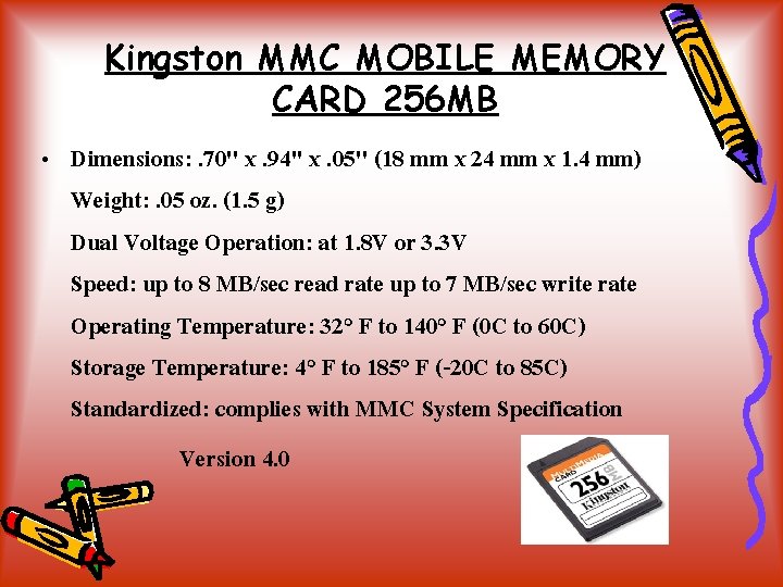 Kingston MMC MOBILE MEMORY CARD 256 MB • Dimensions: . 70'' x. 94'' x.