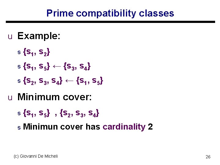 Prime compatibility classes u Example: s {s 1, s 2} s {s 1, s