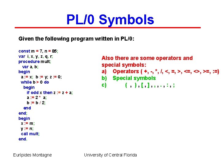 PL/0 Symbols Given the following program written in PL/0: const m = 7, n