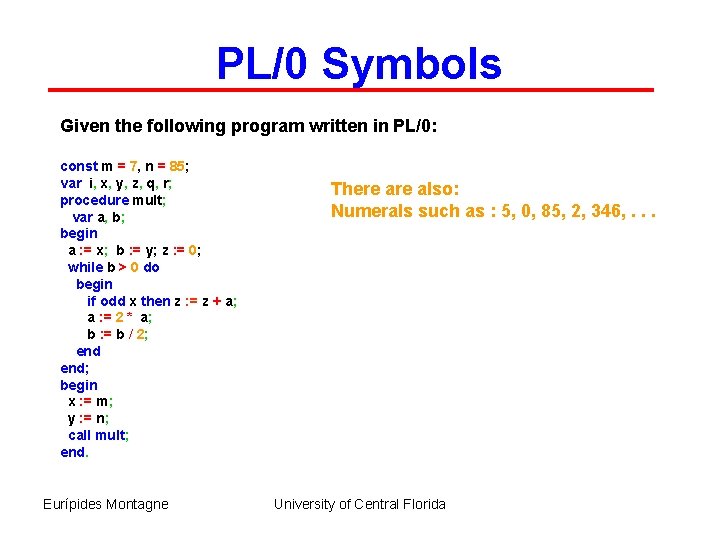 PL/0 Symbols Given the following program written in PL/0: const m = 7, n