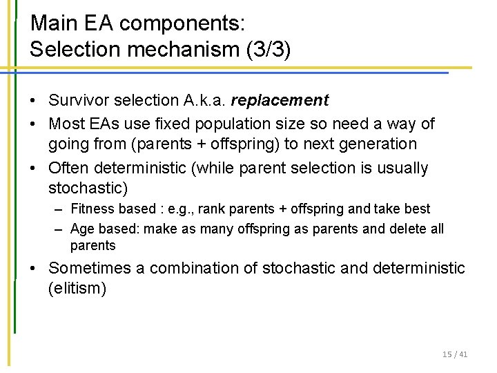Main EA components: Selection mechanism (3/3) • Survivor selection A. k. a. replacement •