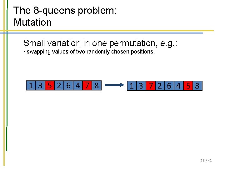 The 8 -queens problem: Mutation Small variation in one permutation, e. g. : •