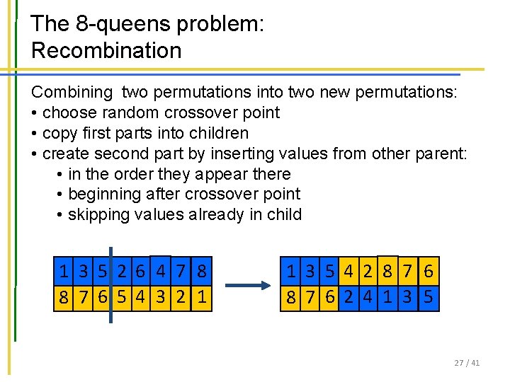 The 8 -queens problem: Recombination Combining two permutations into two new permutations: • choose