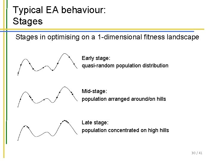 Typical EA behaviour: Stages in optimising on a 1 -dimensional fitness landscape Early stage: