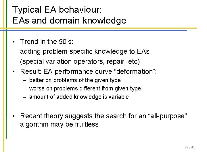 Typical EA behaviour: EAs and domain knowledge • Trend in the 90’s: adding problem