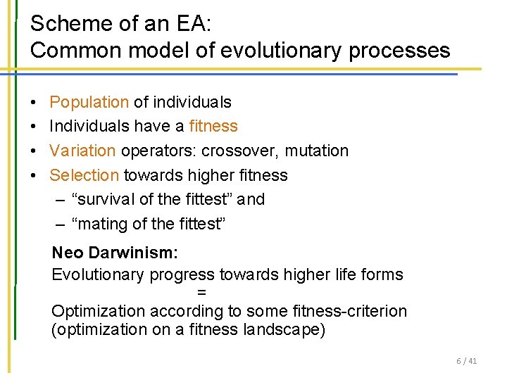 Scheme of an EA: Common model of evolutionary processes • • Population of individuals