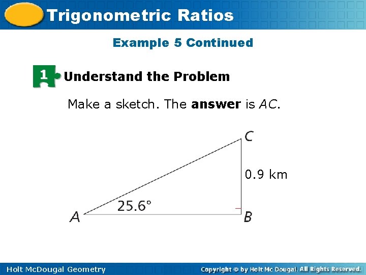 Trigonometric Ratios Example 5 Continued 1 Understand the Problem Make a sketch. The answer