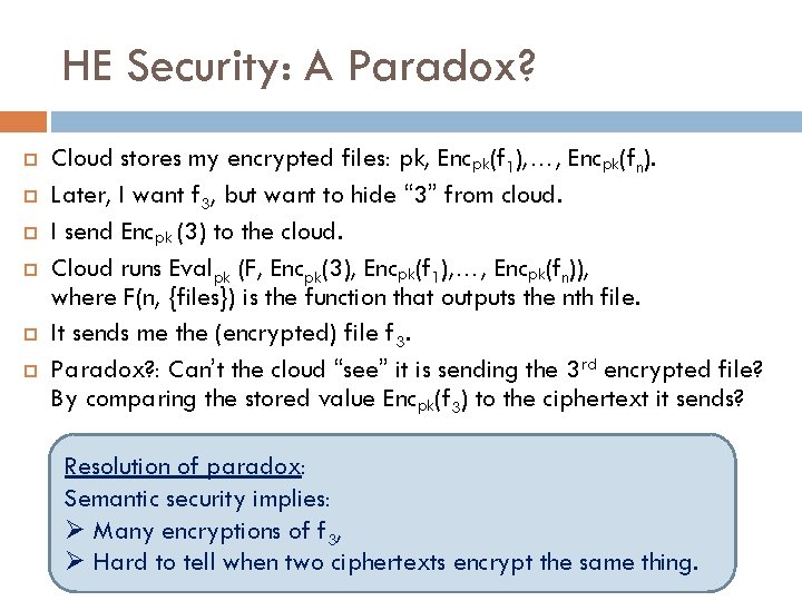 HE Security: A Paradox? Cloud stores my encrypted files: pk, Encpk(f 1), …, Encpk(fn).