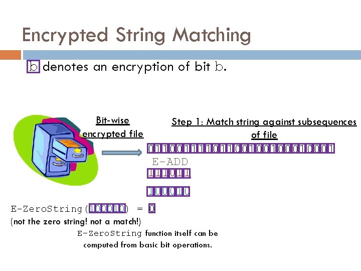 Encrypted String Matching b denotes an encryption of bit b. Bit-wise encrypted file Step