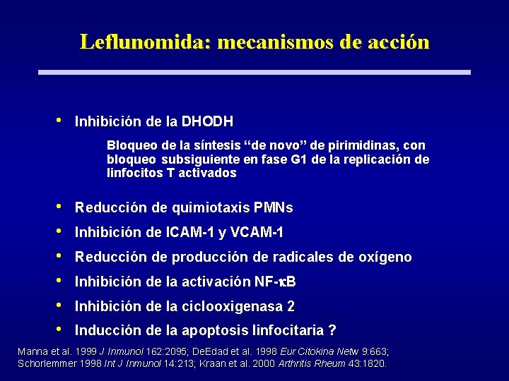 Leflunomida: mecanismos de acción • Inhibición de la DHODH Bloqueo de la síntesis “de