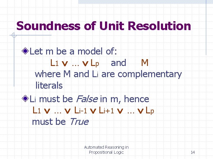 Soundness of Unit Resolution Let m be a model of: L 1 … Lp