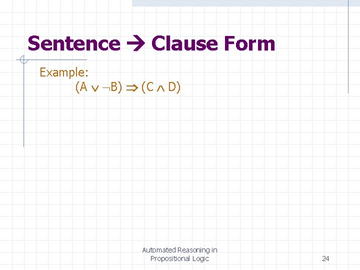 Sentence Clause Form Example: (A B) (C D) Automated Reasoning in Propositional Logic 24