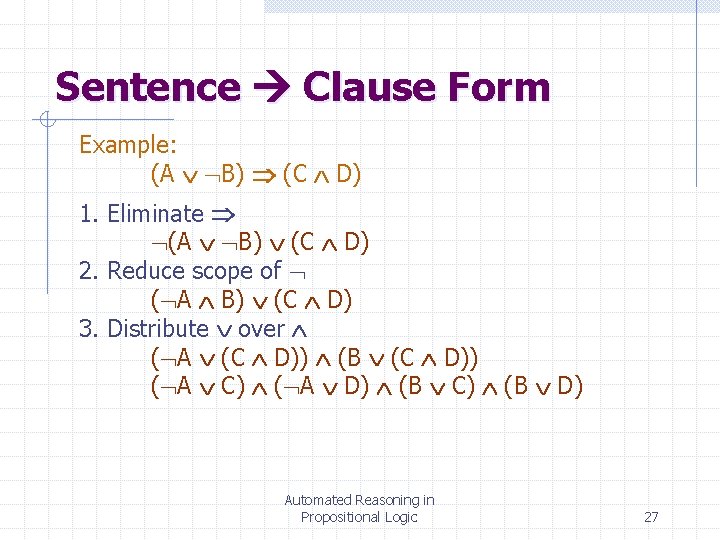 Sentence Clause Form Example: (A B) (C D) 1. Eliminate (A B) (C D)