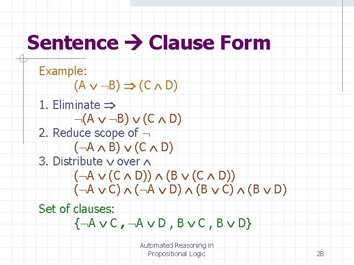 Sentence Clause Form Example: (A B) (C D) 1. Eliminate (A B) (C D)