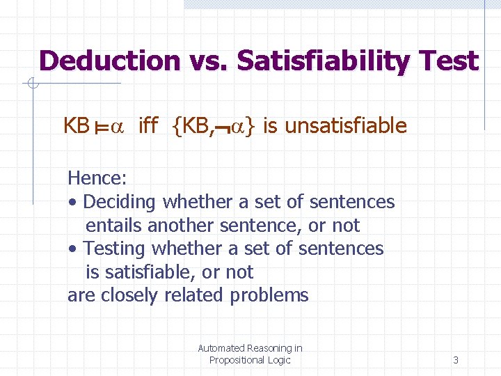 Deduction vs. Satisfiability Test KB iff {KB, } is unsatisfiable Hence: • Deciding whether Deduction vs. Satisfiability Test KB iff {KB, } is unsatisfiable Hence: • Deciding whether