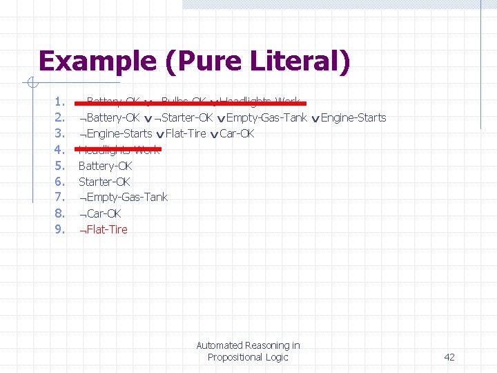 Example (Pure Literal) 1. 2. 3. 4. 5. 6. 7. 8. 9. Battery-OK Bulbs-OK