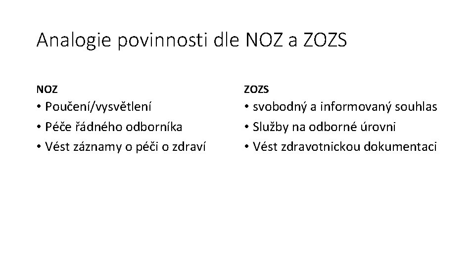 Analogie povinnosti dle NOZ a ZOZS NOZ ZOZS • Poučení/vysvětlení • Péče řádného odborníka