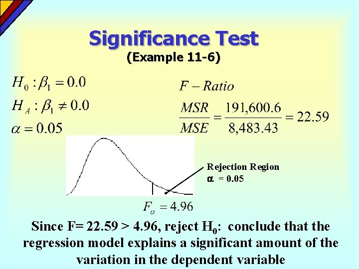 Significance Test (Example 11 -6) Rejection Region = 0. 05 Since F= 22. 59