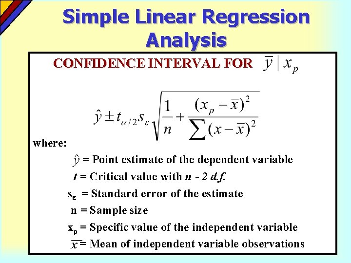 Simple Linear Regression Analysis CONFIDENCE INTERVAL FOR where: = Point estimate of the dependent