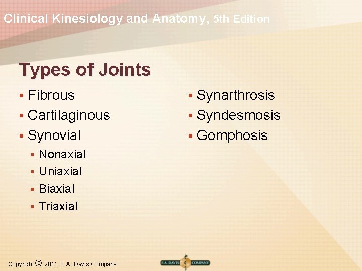 Clinical Kinesiology and Anatomy, 5 th Edition Types of Joints Fibrous § Cartilaginous §
