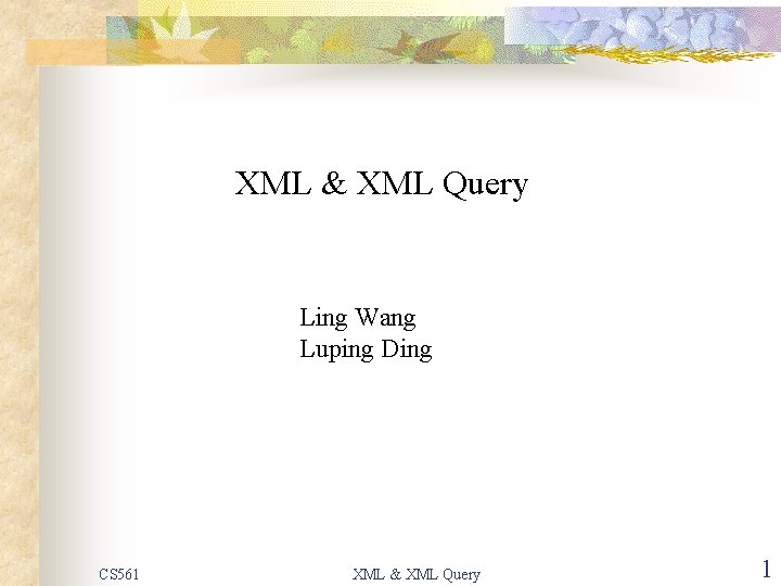 XML & XML Query Ling Wang Luping Ding CS 561 XML & XML Query