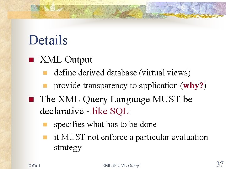 Details n XML Output n n n define derived database (virtual views) provide transparency