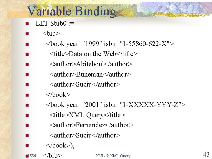 Variable Binding LET $bib 0 : = n <bib> n <book year="1999" isbn="1 -55860