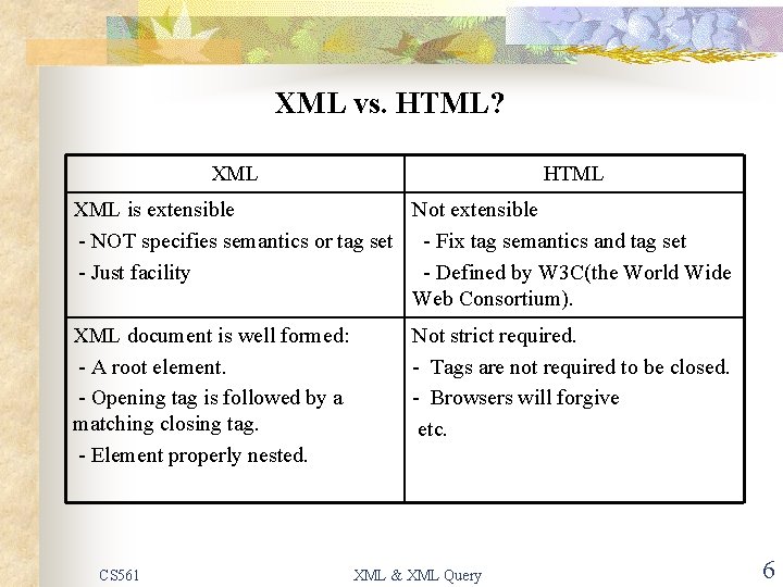 XML vs. HTML? XML HTML XML is extensible Not extensible - NOT specifies semantics