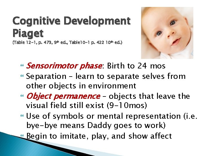 Cognitive Development Piaget (Table 12 -1, p. 473, 9 th ed. , Table 10 Cognitive Development Piaget (Table 12 -1, p. 473, 9 th ed. , Table 10