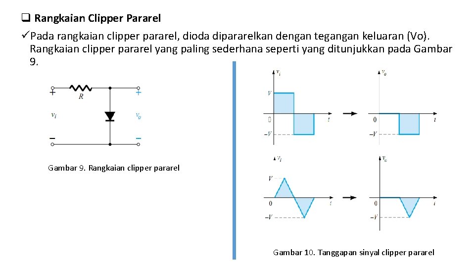 q Rangkaian Clipper Pararel üPada rangkaian clipper pararel, dioda dipararelkan dengan tegangan keluaran (Vo).