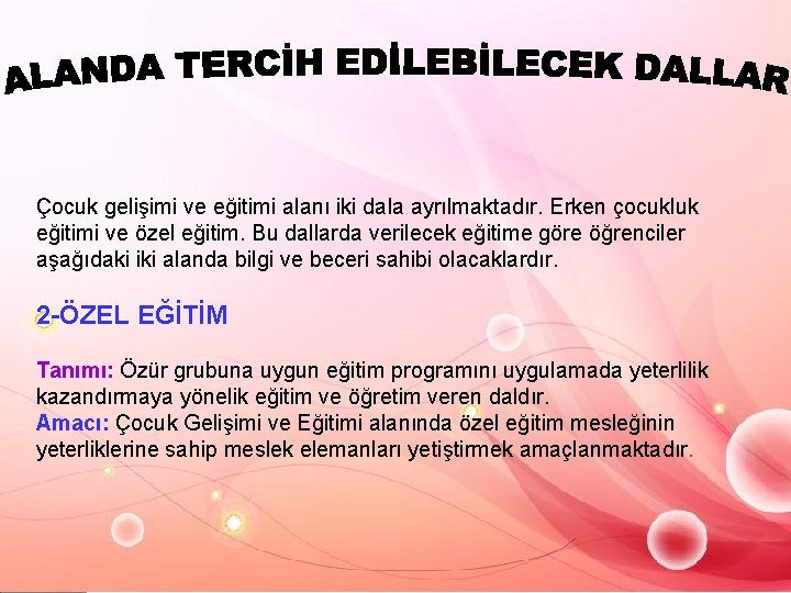 Çocuk gelişimi ve eğitimi alanı iki dala ayrılmaktadır. Erken çocukluk eğitimi ve özel eğitim.