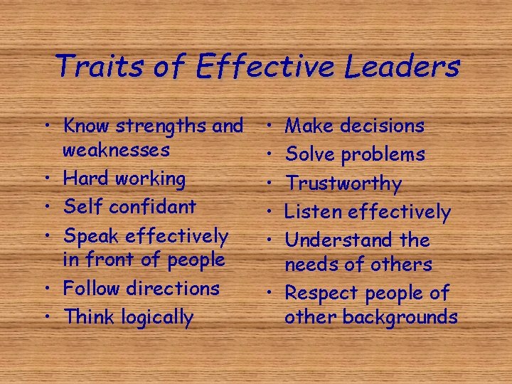 Traits of Effective Leaders • Know strengths and weaknesses • Hard working • Self