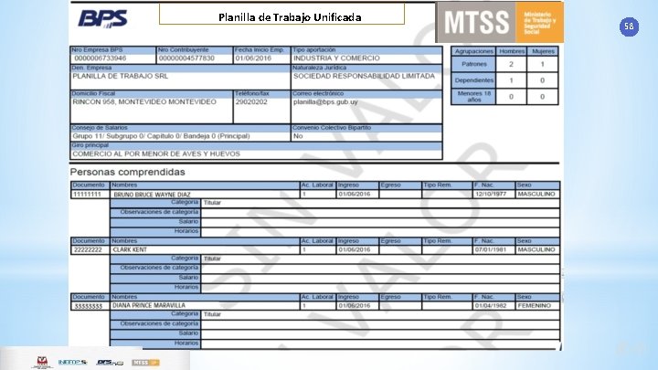 Planilla de Trabajo Unificada 58 