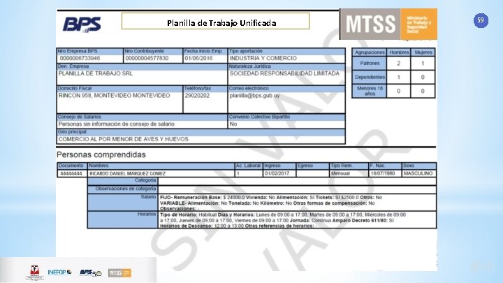 Planilla de Trabajo Unificada 59 