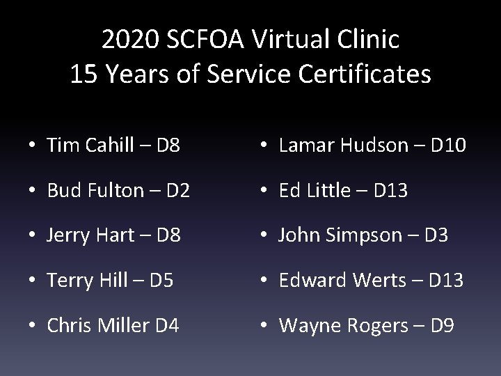 2020 SCFOA Virtual Clinic 15 Years of Service Certificates • Tim Cahill – D