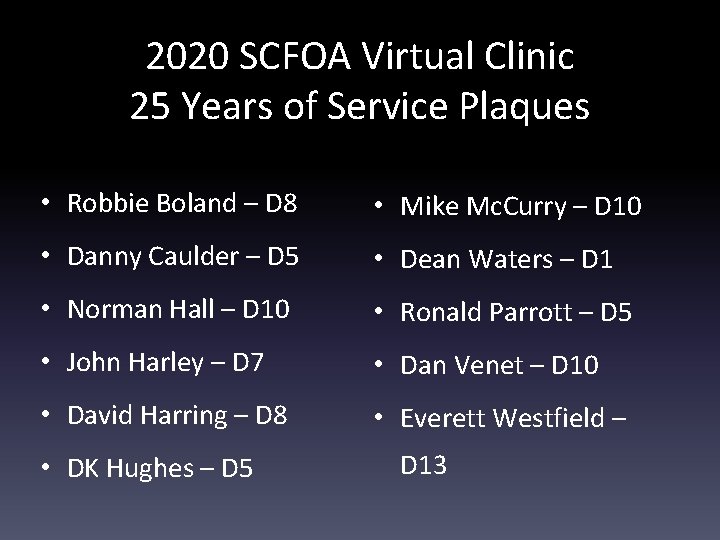 2020 SCFOA Virtual Clinic 25 Years of Service Plaques • Robbie Boland – D