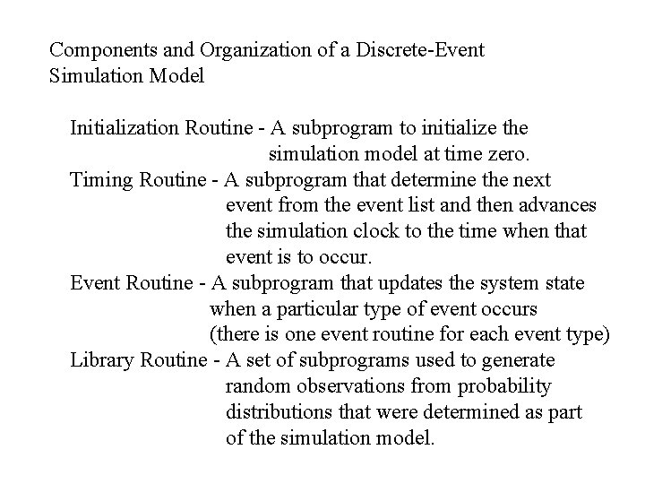 Components and Organization of a Discrete-Event Simulation Model Initialization Routine - A subprogram to