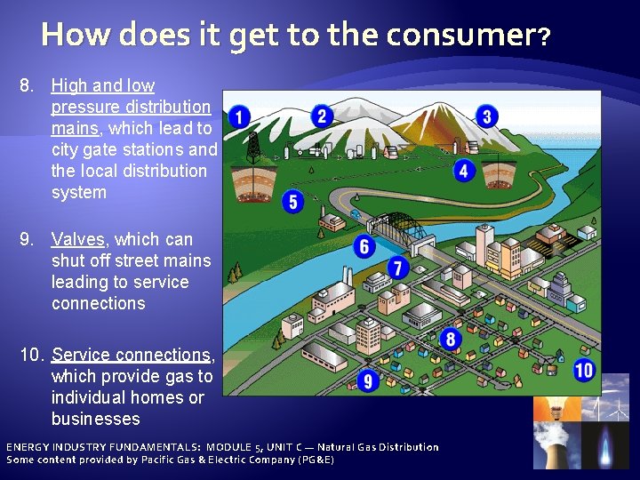 How does it get to the consumer? 8. High and low pressure distribution mains,