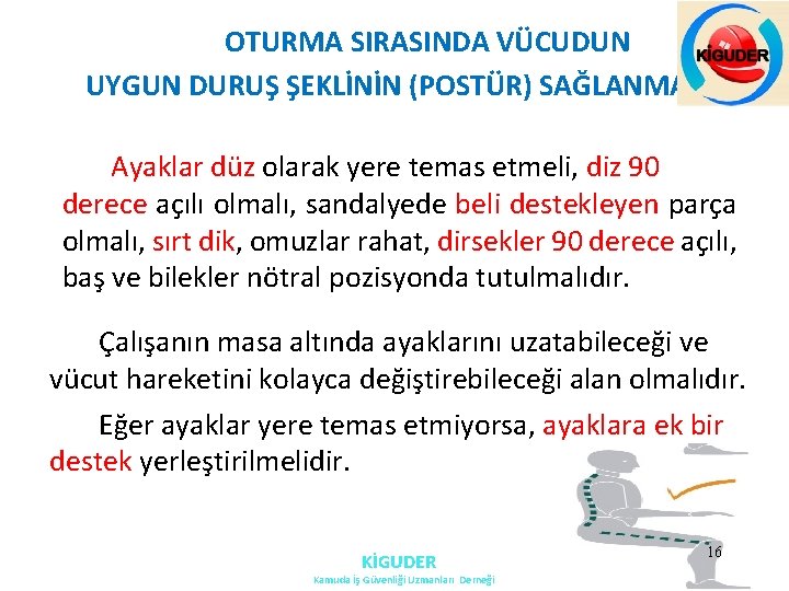 OTURMA SIRASINDA VÜCUDUN UYGUN DURUŞ ŞEKLİNİN (POSTÜR) SAĞLANMASI Ayaklar düz olarak yere temas etmeli, OTURMA SIRASINDA VÜCUDUN UYGUN DURUŞ ŞEKLİNİN (POSTÜR) SAĞLANMASI Ayaklar düz olarak yere temas etmeli,