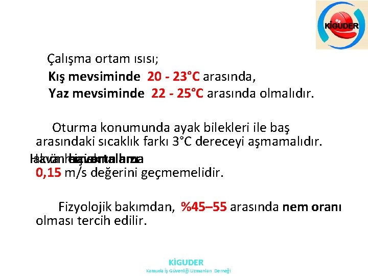 Çalışma ortam ısısı; Kış mevsiminde 20 - 23°C arasında, Yaz mevsiminde 22 - 25°C Çalışma ortam ısısı; Kış mevsiminde 20 - 23°C arasında, Yaz mevsiminde 22 - 25°C