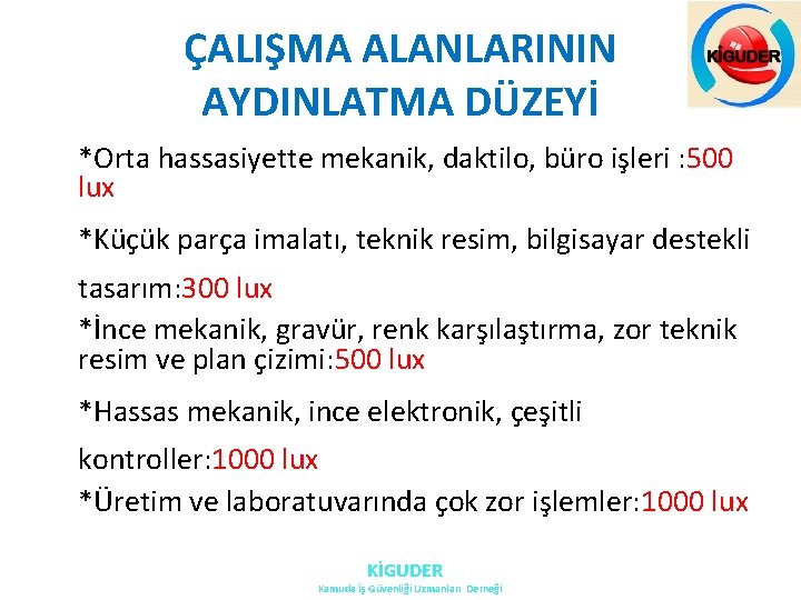 ÇALIŞMA ALANLARININ AYDINLATMA DÜZEYİ *Orta hassasiyette mekanik, daktilo, büro işleri : 500 lux *Küçük ÇALIŞMA ALANLARININ AYDINLATMA DÜZEYİ *Orta hassasiyette mekanik, daktilo, büro işleri : 500 lux *Küçük