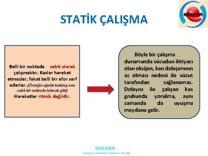 STATİK ÇALIŞMA Böyle bir çalışma durumunda vücudun ihtiyacı olan oksijen, kan dolaşımının az olması STATİK ÇALIŞMA Böyle bir çalışma durumunda vücudun ihtiyacı olan oksijen, kan dolaşımının az olması
