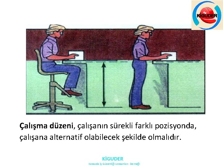 Çalışma düzeni, çalışanın sürekli farklı pozisyonda, çalışana alternatif olabilecek şekilde olmalıdır. KİGUDER Kamuda İş Çalışma düzeni, çalışanın sürekli farklı pozisyonda, çalışana alternatif olabilecek şekilde olmalıdır. KİGUDER Kamuda İş