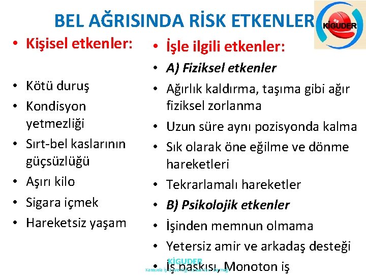 BEL AĞRISINDA RİSK ETKENLERİ • Kişisel etkenler: • Kötü duruş • Kondisyon yetmezliği • BEL AĞRISINDA RİSK ETKENLERİ • Kişisel etkenler: • Kötü duruş • Kondisyon yetmezliği •