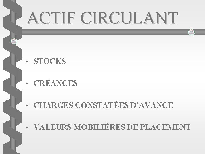ACTIF CIRCULANT § STOCKS § CRÉANCES § CHARGES CONSTATÉES D’AVANCE § VALEURS MOBILIÈRES DE