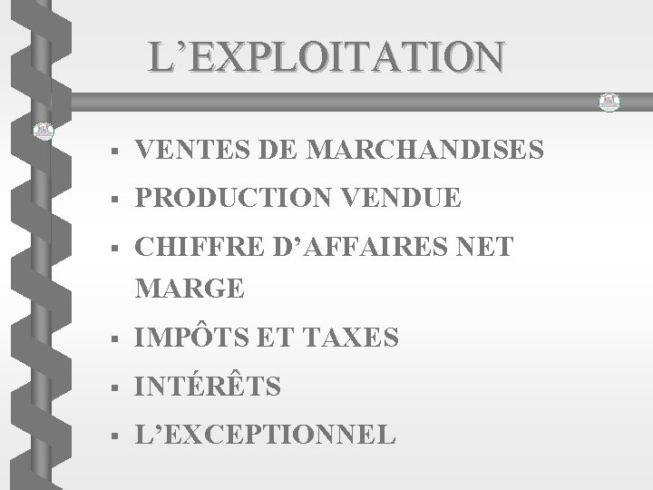 L’EXPLOITATION § VENTES DE MARCHANDISES § PRODUCTION VENDUE § CHIFFRE D’AFFAIRES NET MARGE §