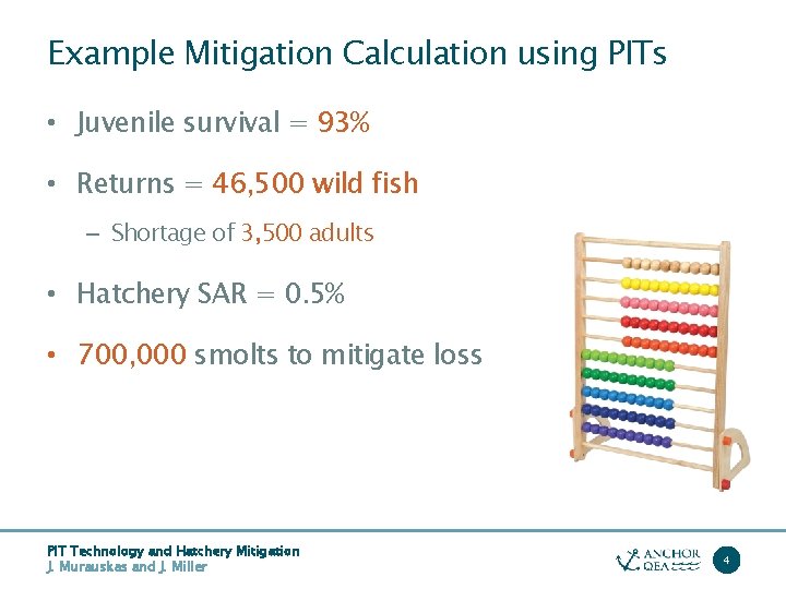 Example Mitigation Calculation using PITs • Juvenile survival = 93% • Returns = 46,